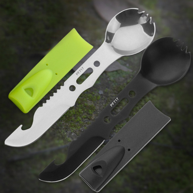 【產品特色】 多功能餐具組一體成型，擁有八種強大功能，包含製作長矛、叉 魚、高音口哨、刮魚鱗、開魚肚、削樹枝、開瓶器、用餐工具， 滿足戶外運動、野餐求生各種需求。 【產品材質】不鏽鋼+PP塑料 【產品