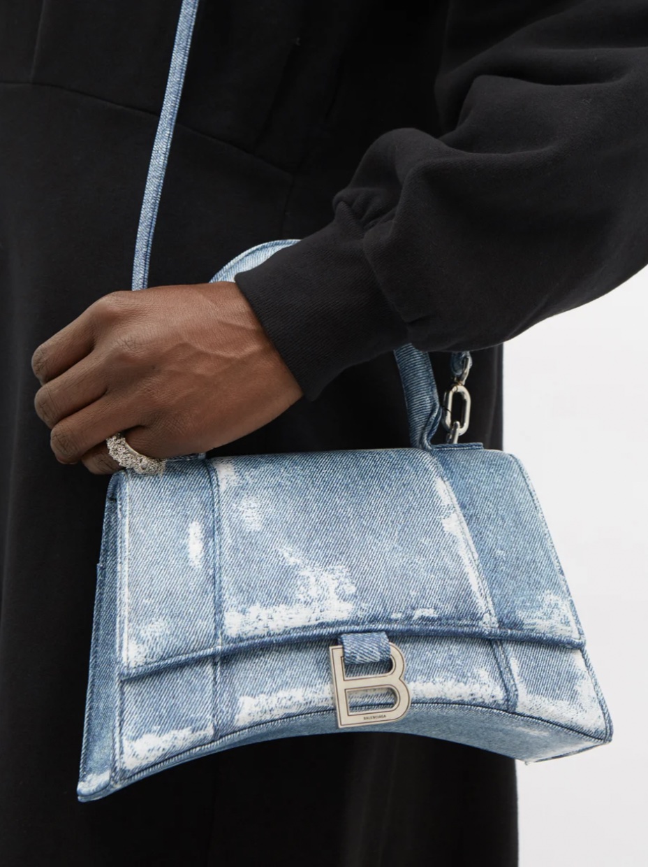 BALENCIAGA Hourglass denim-print leather bag