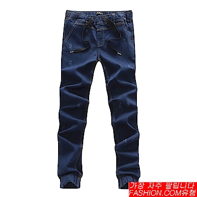 FASHION館 復古刷破螺紋vintage縮口褲 彈力 抽繩