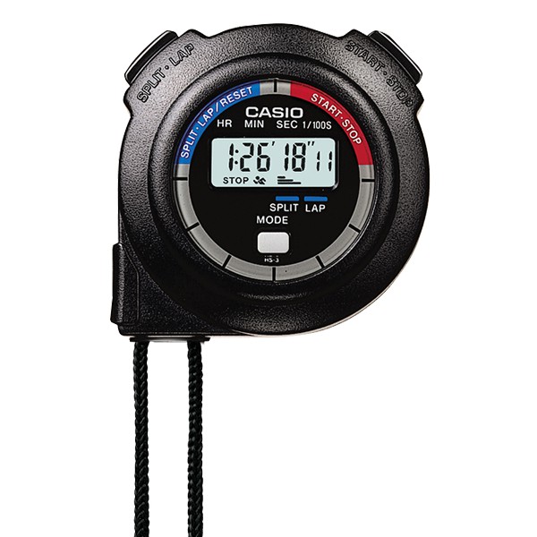 功能介紹CASIO單組記憶10HR計時秒錶HS-3V系列，只需一按鈕即可精確測量經過時間，迅速又便利。規格錶殼 / 錶圈材質：樹脂1/100秒碼表：測量上限：9:59 59.999測量模式：經過時間、
