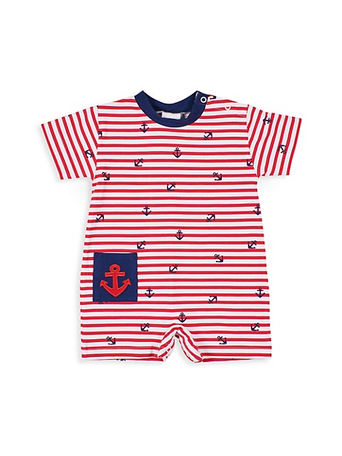 Stripe anchor print shortall with pocket and anchor appliqué.; Crewneck; Short sleeves; Snaps at sho