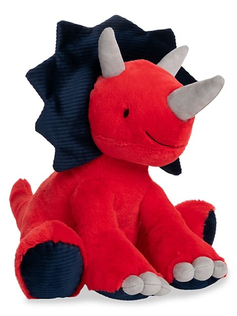 Carson is a red and blue triceratops with cute gray claws and horn and textured fabric around his he