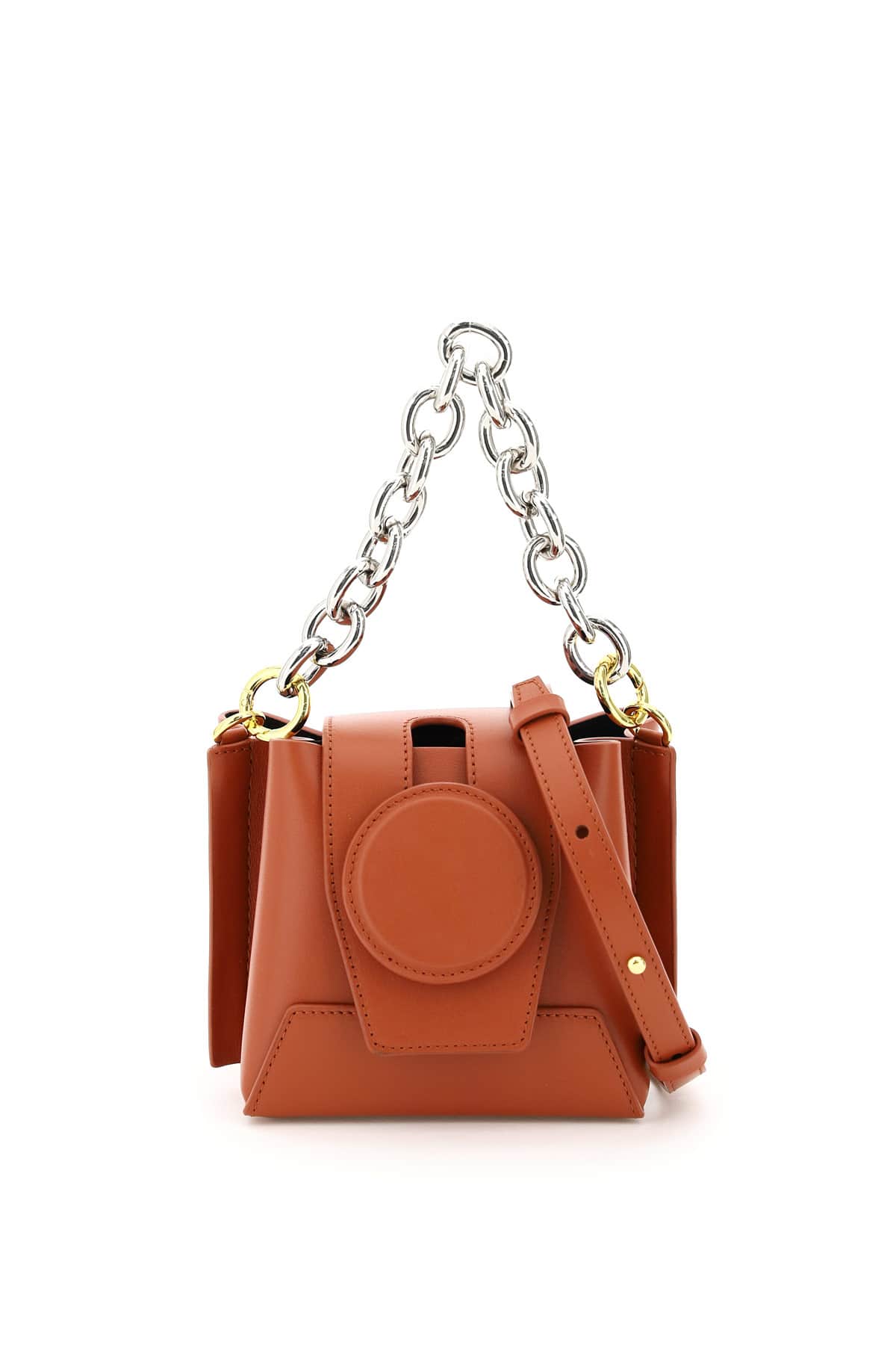 Yuzefi handmade leather bucket bag with removable chain handle. It features a removable and adjustab