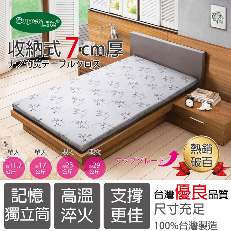 superlifeMIT三折硬式獨立筒床墊，100%台灣製造，品質有保證! 採創新專利技術，鋼式支撐蜂巢網，結構內含獨立筒彈簧支撐，透氣舒適不悶熱，冬夏兩用三折式，方便收納不佔空間，釋壓記憶內材支撐，