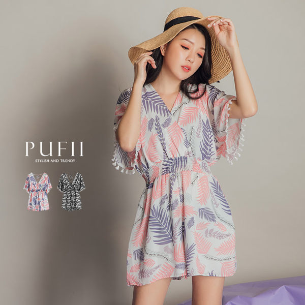 限量現貨★PUFII-連身褲 樹葉印花綁帶連身短褲-0620 現+預 夏【CP16926】