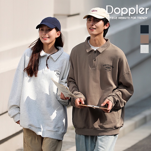 美式文字印花 翻領鈕扣寬鬆落肩 側插口袋長袖大學T 衛衣【TJJ3731】現貨＋預購 情侶