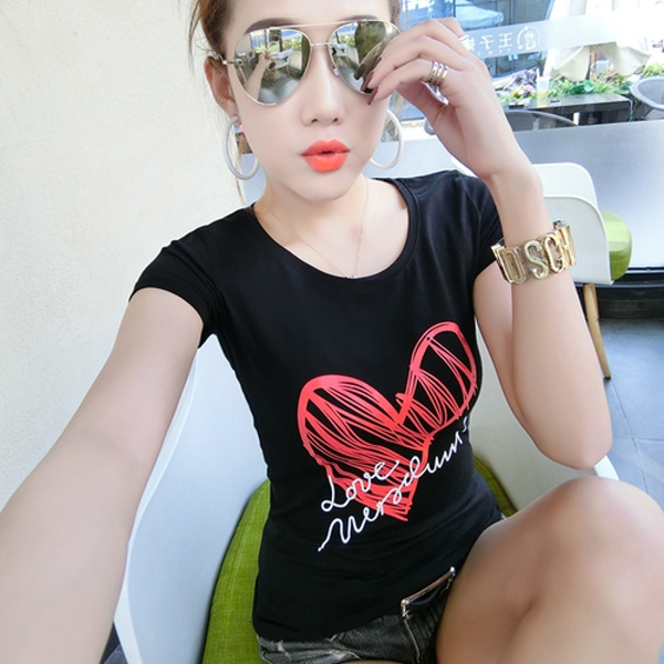 S-2XL實拍歐洲站愛心塗鴉短袖T恤修身顯瘦時尚百搭小衫(兩色)-凱西娃娃