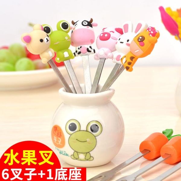 水果叉套裝陶瓷不銹鋼小叉子甜口叉可愛便攜水果簽蛋糕叉