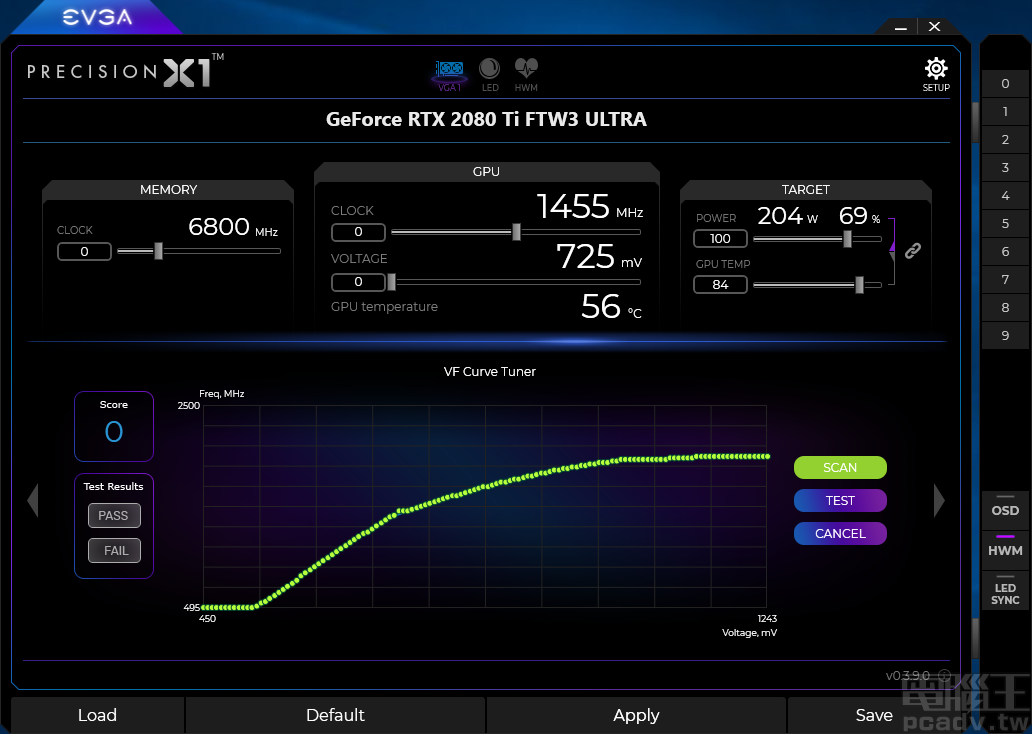 VF Curve Tuner 可以調整每個電壓值相對應 GPU 時脈，按下 Scan 按鈕，即可自動化找尋最高穩定運作時脈