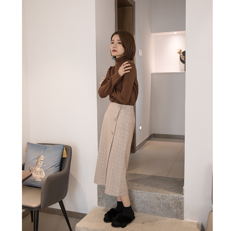 MOMO毛呢裙子秋冬奶茶格子裙半身裙中長款復古a字裙拼接chic中裙