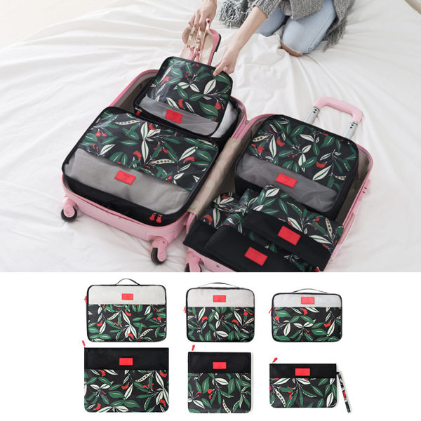 韓國 印花 花叢 旅遊 旅行 出國 加厚款 收納袋 壓縮袋 化妝包 內衣 鞋 行李箱 六件組【RB440】