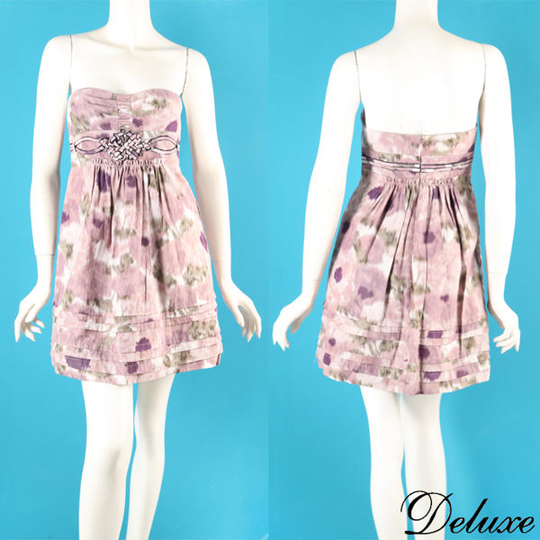 【Deluxe】典雅渲染風印花中國結抹胸層次感洋裝(紫)