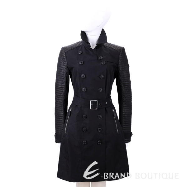 BURBERRY 皮革拼接排釦風衣外套(黑色) 1530163-01