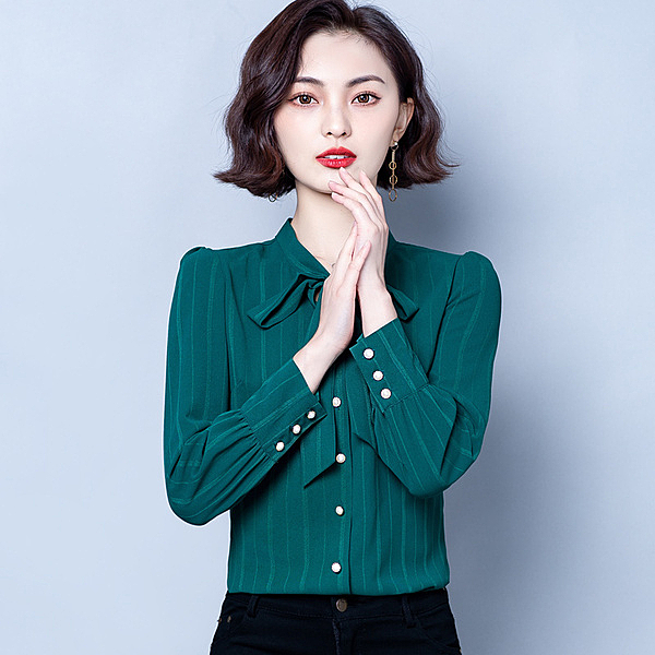 韓版 M-4XL 蝴蝶結襯衫女長袖2020秋裝新款雪紡衫條紋襯衣洋氣小衆上衣打底