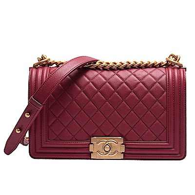 CHANEL 經典BOY系列菱格荔枝紋牛皮復古小香金屬釦壓邊霧金鍊肩背包(磚紅)