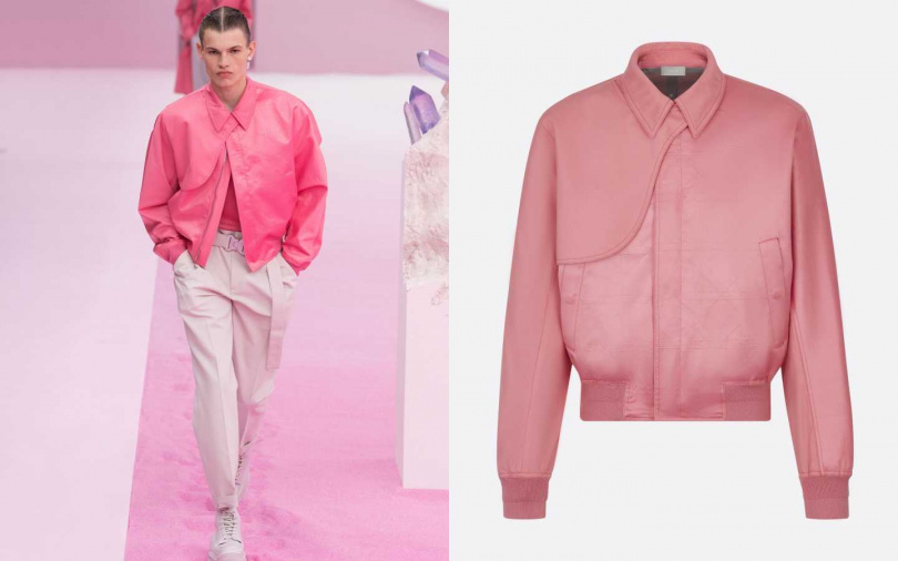 將風衣結構中的「槍插片」以馬鞍形裝加入到短版夾克之中。DIOR MEN 粉紅色科技純棉襯衫式衣領夾克／150,000元（圖／品牌提供）