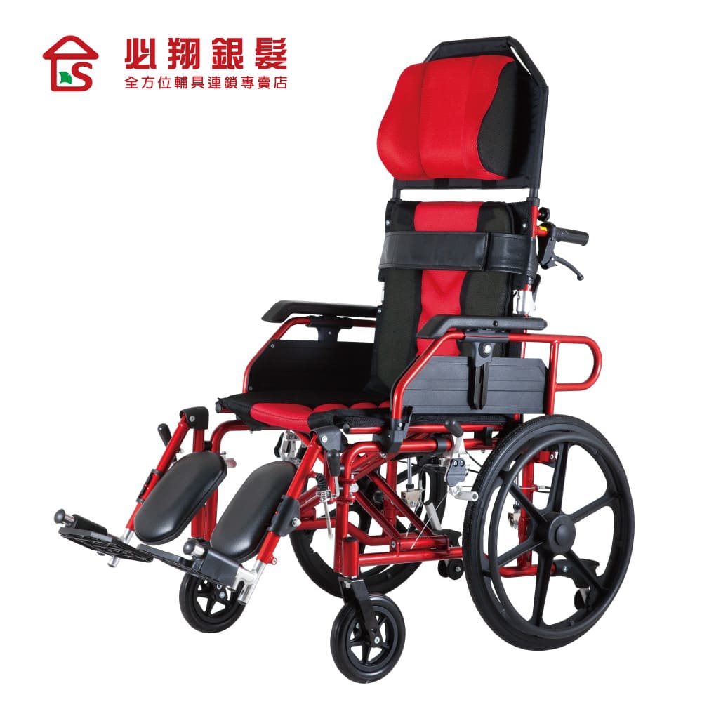 ◆ 單手即可操作傾躺角度，更方便簡單。◆ 雙氣壓桿設計，操作更安全。◆ 椅背可後折，收納更小不佔空間。◆ 手動剎車固定，不移動時可固定輪子更安全。◆ 防傾輪調整裝置，可調整防傾輪高度。◆ 快拆式踏板結