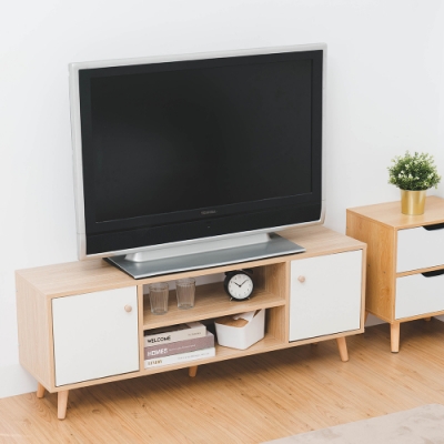 DIY組裝北歐電視櫃 雙格摟空式收納設計 可放置影音設備 附門方便收納隱私物品