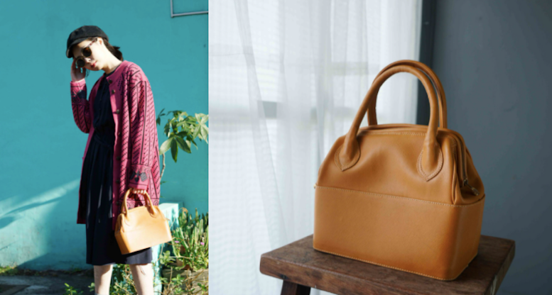 義大利製橘色皮革硬殼梯形手提包