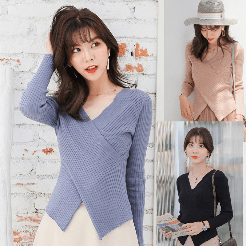 韓版V領修身保暖針織衫，獨特的交叉領的門襟設計，V領設計，露出頸部鎖骨的優美曲線，搭配上不規則下擺交叉，質感顯瘦！柔軟舒適的面料，除了穿著舒適以外，也能輕鬆展現女性柔美特質～