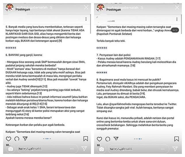 Temuan yang dianggap menjadi kejanggalan dalam kasus Audrey (Instagram/audreyjugabersalah)