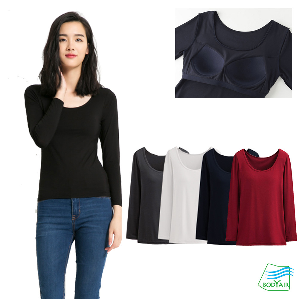 將無鋼圈bra接縫在衣著中材質採用舒適彈力混搭 細緻柔軟帶點厚實不垮的觸感 讓您輕鬆體驗一體成型零著感舒適自在的輕盈感受簡單應付寒冷的冬天 圓領長袖設計不走光還能小保暖 內罩杯採用3d立體上薄下厚的透