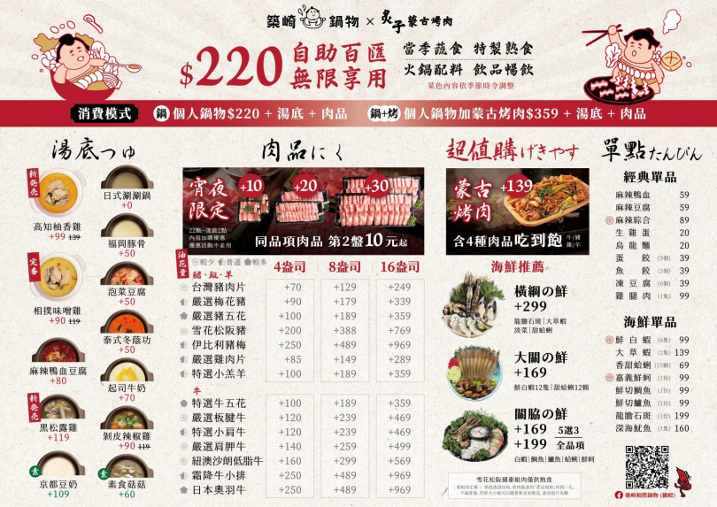 北屯菜單-平日(圖／築崎相撲鍋物旗艦店提供）