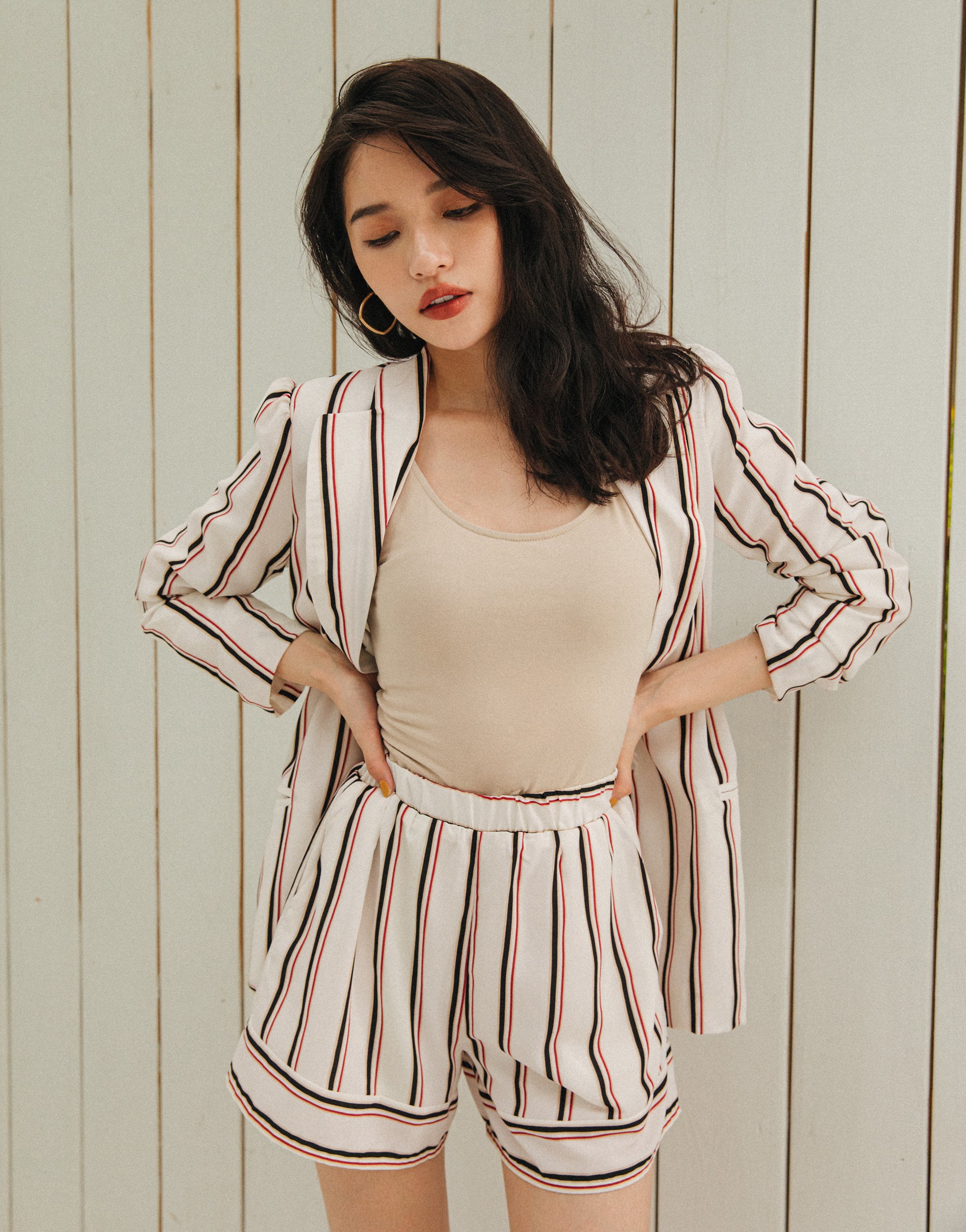 PAZZO+歐美時尚條紋顯瘦短褲(TIFFANY聯名款)