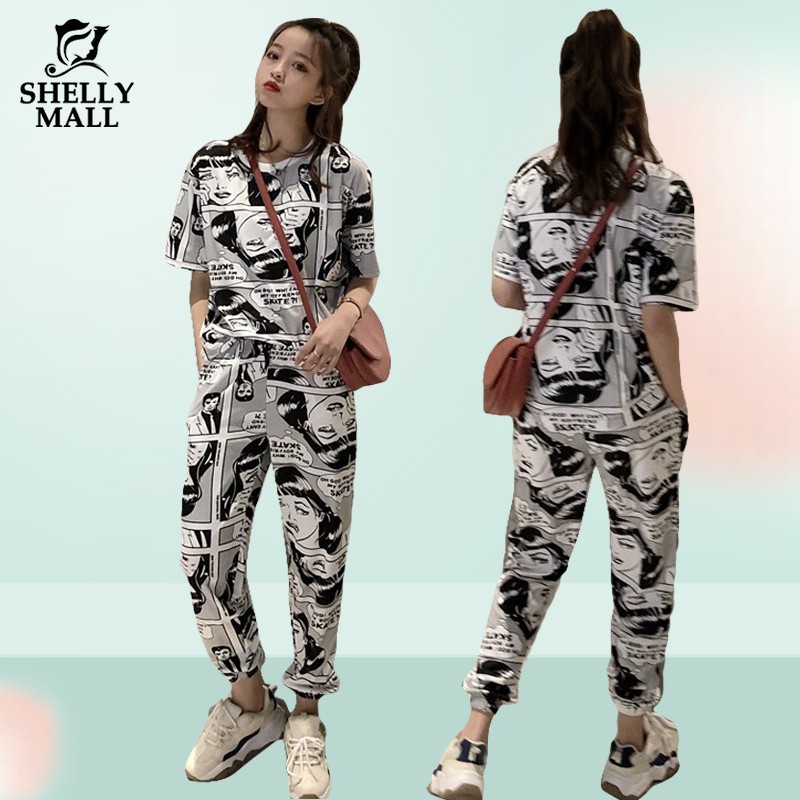 [新品搶鮮] 運動服 運動套裝 休閒套裝 漫畫印花運動服 休閒套裝 短袖運動服 女生衣著 希希家
