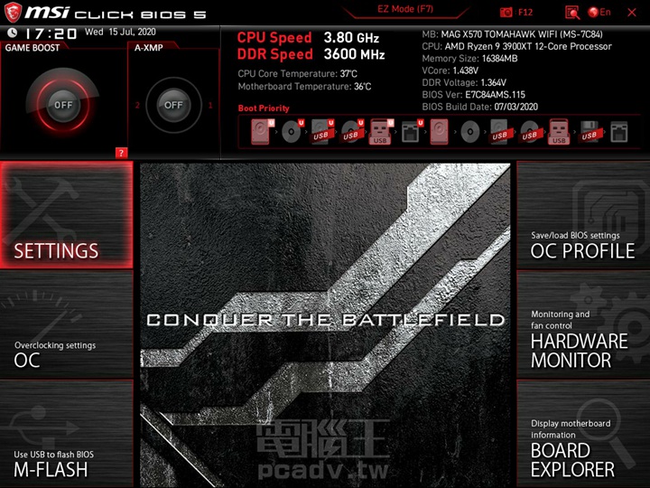 按下F7功能鍵切換到進階模式（Advanced Mode）主選單，從左右兩側羅列的功能區塊，可以看到該模式比較側重細項（SETTINGS）和超頻（OC）設定，因此，玩家可以在BIOS主選單畫面中的OC功能中，進行MAG X570 TOMAHAWK WIFI主機板的細部調校，或是利用OC PROFILE儲存或載入超頻組態。