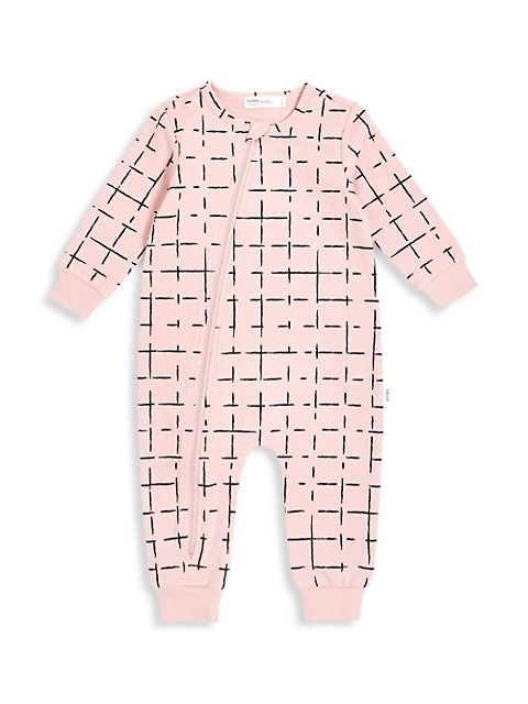 Adorable grid print playsuit in cozy stretch cotton with a full-length zip front with a protective n