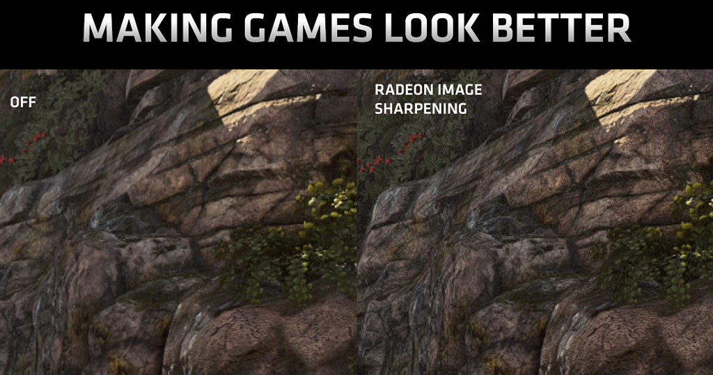 ▲ Radeon Image Sharpening 從驅動程式角度套用至遊戲，石頭貼圖紋理變得更清晰，加上對比自適應銳利化技術僅針對模糊區域強化，因此不會如同一般銳利化演算法，在亮暗對比強烈交接處出現鬼影。