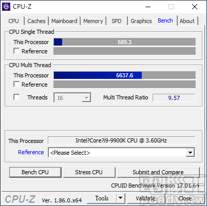 選用 Intel Core i9-9900K 處理器搭配測試，CPU-Z 單執行緒與多執行緒分別為 589.3 分與 5637.6 分