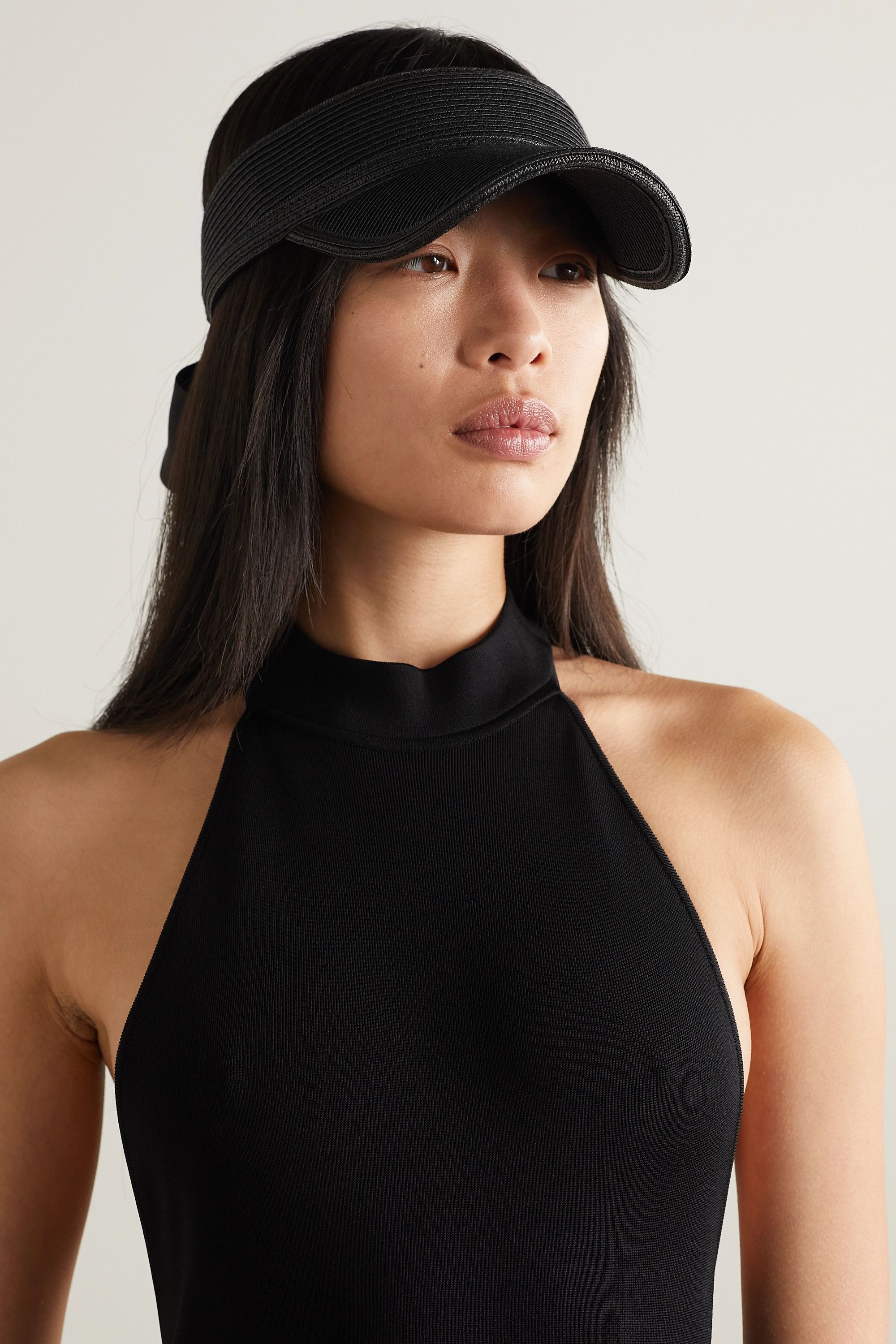 SAINT LAURENT Embellished silk jacquard-trimmed straw-effect visor