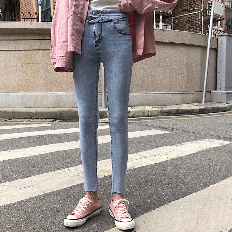 直筒褲 九分褲 牛仔長褲 高腰褲 韓妞必備 丹寧褲 彈力褲 高腰彈力淺色牛仔褲兩粒扣小脚褲