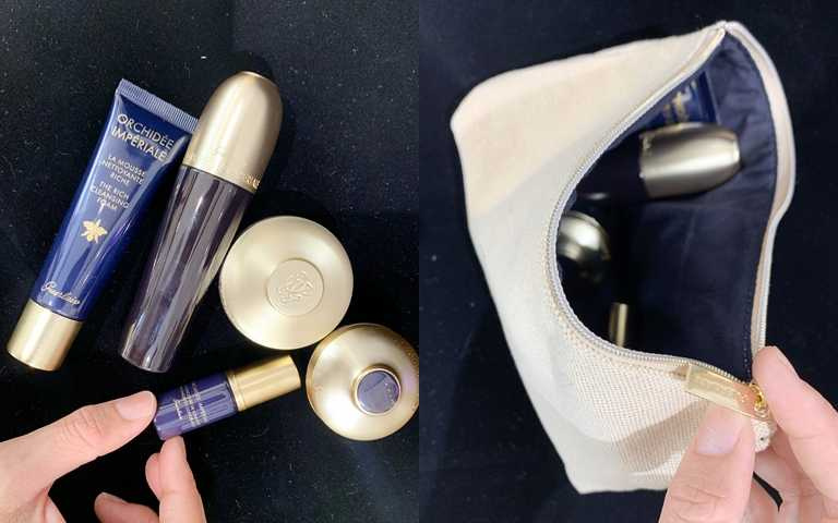 嬌蘭蘭鑽頂級小奢華組／10,755元 內含蘭鑽氧生蘭花精露30ml+蘭鑽精奢氧生眼唇霜7ml+蘭鑽氧生潔顏乳霜30ml+蘭鑽精奢氧生乳霜15ml+蘭鑽極致濃縮精華5ml+簡約化妝包。(圖／吳雅鈴攝影)