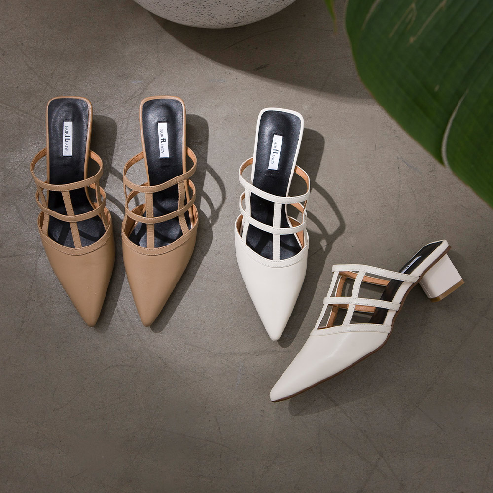 優雅小姐 細緻羊皮魚骨尖頭低跟穆勒鞋