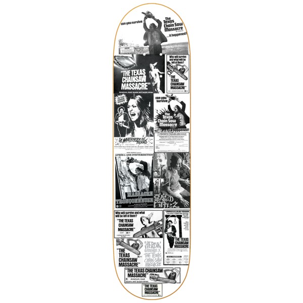 與德州電鋸殺人狂聯名，非常經典且驚悚的一部電影，不管蒐藏還是街滑都很適合。Heroin品牌由英國出生的藝術家Mark“Fos”Foster創立，以Fos對“滑板運動”的成癮命名。