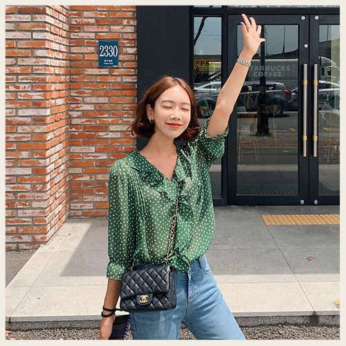 ✦Styleon✦正韓。可愛性感荷葉邊V領透膚雪紡長袖上衣。韓國連線。韓國空運。0814。