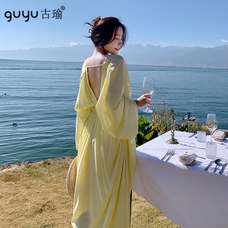 女神蝶形防晒度假長洋裝 長袖 S-XL 寬版 休閒百褶連衣裙 美背酒會禮服