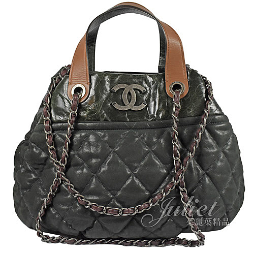 茱麗葉精品 二手精品 【9.5成新】CHANEL 經典雙C LOGO 菱格紋復古皮革兩用銀鍊波士頓包.墨綠 大