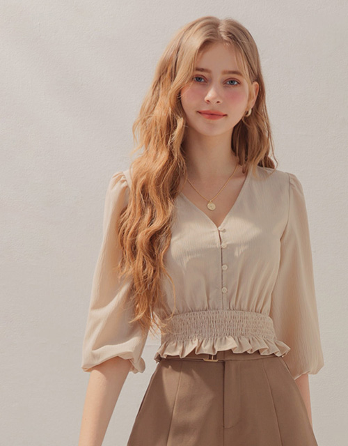 V領排釦七分袖縮腰上衣