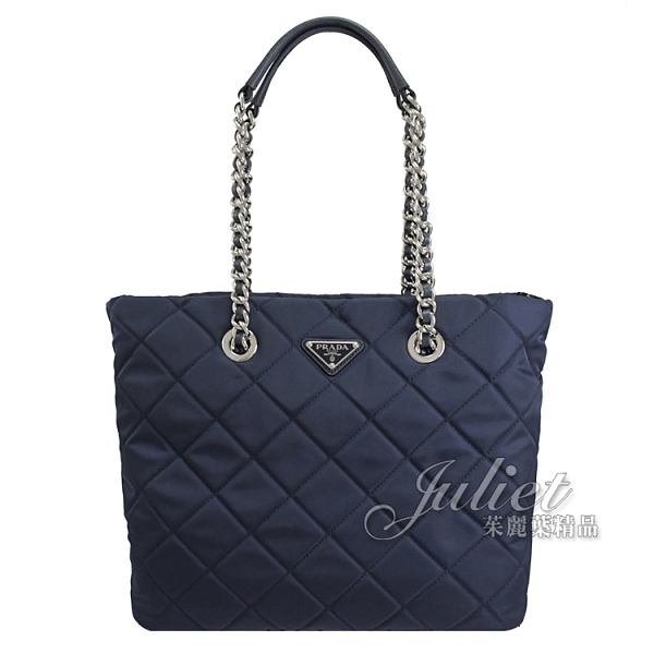 茱麗葉精品【全新現貨】 PRADA 1BG017 三角LOGO菱格尼龍銀鍊肩背包.深藍