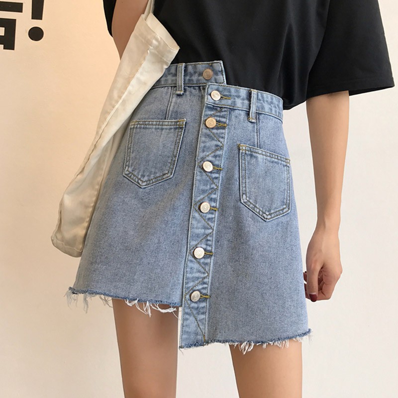 【現貨】夏季新款不規則迷你短裙素色高腰丹寧裙毛邊單排扣牛仔半身裙韓妞必備學院風超顯瘦a字裙百搭牛仔裙高低扣包臀窄裙