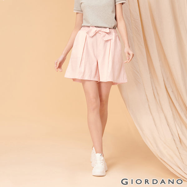 【GIORDANO】女裝棉麻蝴蝶結綁帶短褲-34 薔葳粉紅