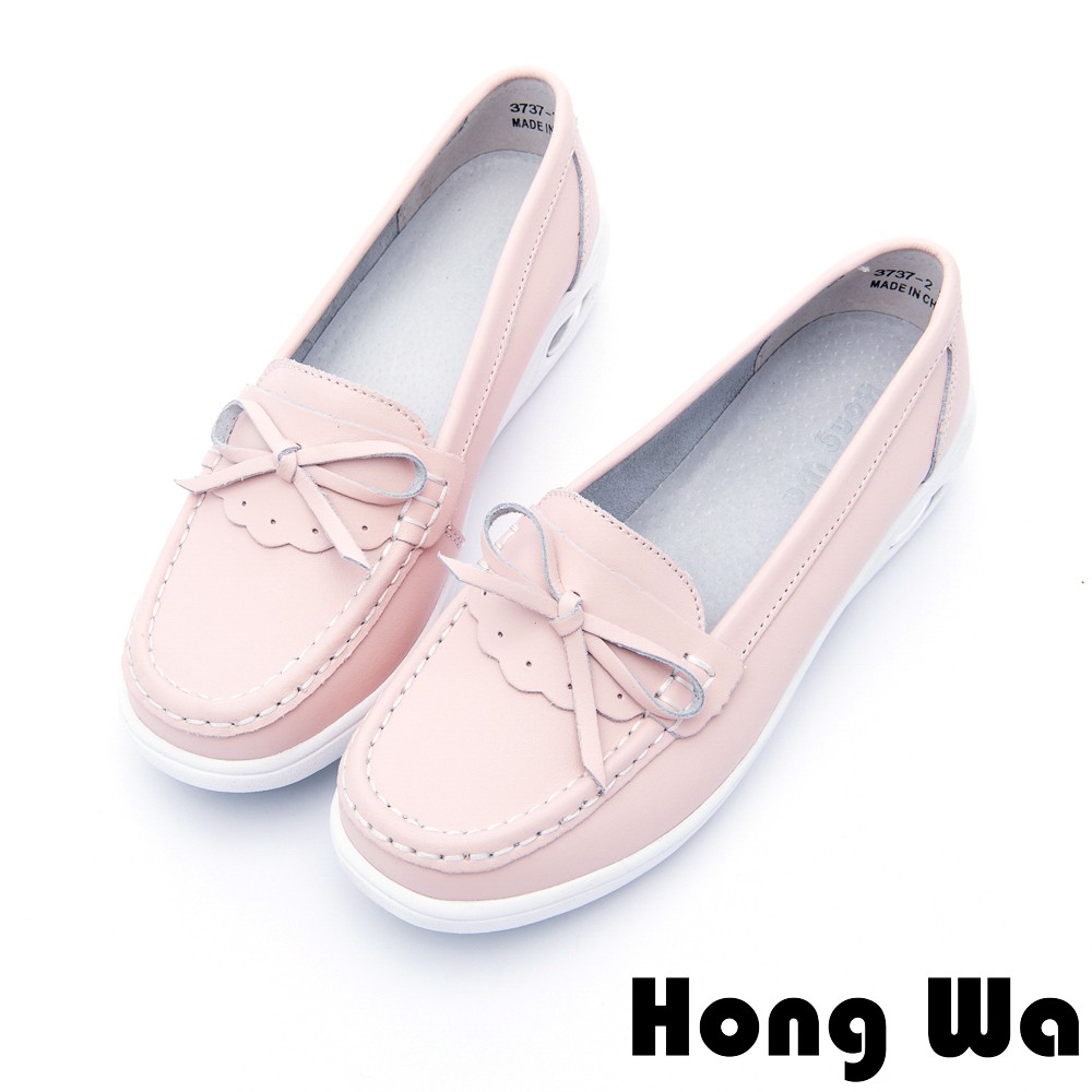 Hong Wa - 甜美蝴蝶結牛皮柔軟氣墊樂福鞋 - 粉