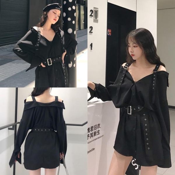 售完即止-早秋新品ins港風露肩襯衫一字肩中長版襯衫裙女大尺碼胖MM200斤庫存清出（5-27）