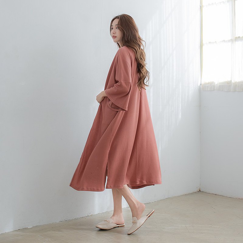 【HALF ME】羅紋開襟罩衫外套 - 磚紅