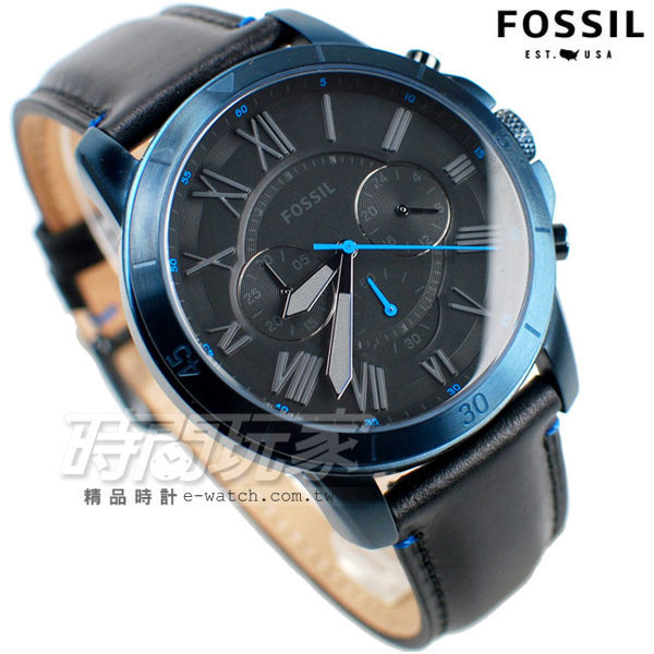 FOSSIL Grant 經典羅馬三眼計時碼錶 多功能 皮帶手錶 藍x黑色 防水錶 男錶 FS5342