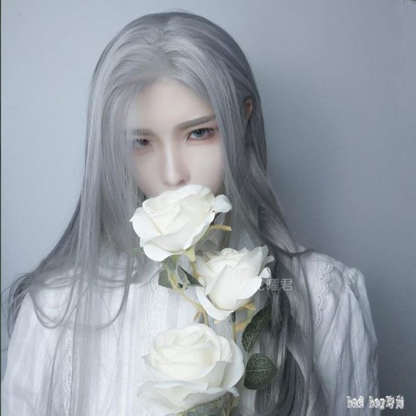 假髮男 COS奶奶灰中分長直髮自然氣質修臉古風長髮新式全頭套送髮網